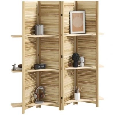 Afbeelding van HOMCOM Paravent jaloezie, hout, 4 panelen, 162 x 170 cm, met 3 vakken, ruimteverdeler, opvouwbaar, scheidingswand binnen, kleur natuurlijk hout