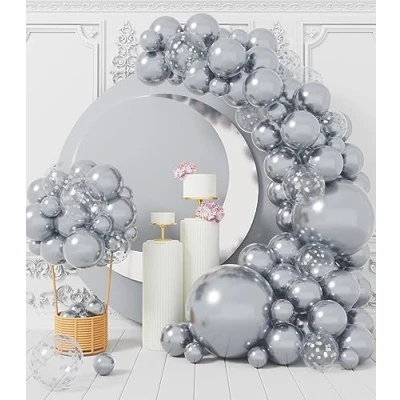 Afbeelding van AULE Ballonnenboog voor verjaardag, zilver: 100 stuks, confetti, ballonnen, zilver, metallic, helium, latex, chroom, set, slinger, meisjes, jongens, decoratie bruiloft,