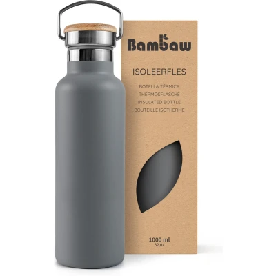 Afbeelding van Bambaw® 1 Liter RVS Thermosfles Dubbelwandig, Milieuvriendelijk, Lekvrijen, loodvrij en Plasticvrij Geïsoleerde Fles met Bamboe Deksel voor Warme Koude Dranken Ideaal Reizen, Werk, Yoga, Wandelen Dagelijks Gebruik donkergrijs