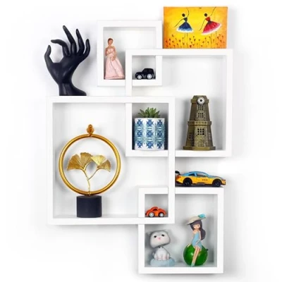 Afbeelding van Belle Vous White Floating Cube Shelves Wall Mounted Wooden Storage Cubes for Home Bedroom, Living Room, Bathroom, Kitchen or Office Decorative Display 4 Different Sized