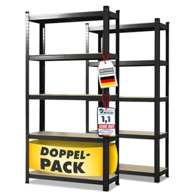 Afbeelding van KARAT rek voor zware belasting, set van 2, 30 x 75 150 cm insteekrek, kelderrek, opbergrek TÜV/GS getest 5 verstelbare planken (zwart)
