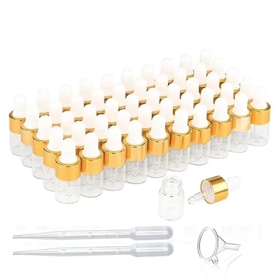 Afbeelding van 50 stuks mini druppelflesjes, lege glazen tinctuurflessen met gouden doppen, parfummonsterflesjes voor etherische oliën &amp; lichaamsolie en vloeistoffen, reizen DIY containers inbegrepen pipet