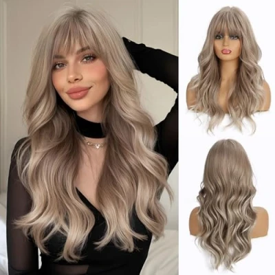 Afbeelding van Esmee Blonde Asgrijze Lange Pruiken Hittebestendige Synthetische Cosplay Golvende Met Pony voor Vrouwen 24 Duim