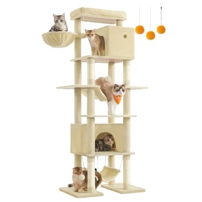Afbeelding van Feandrea krabpaal groot, XXL, kattenkrabpaal met meerdere verdiepingen, 201 cm hoog, een platform, ligbak, 2 kattenholen, hangmatten, anti tip bescherming, beige PCT195Y01