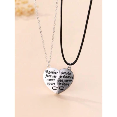 Afbeelding van Bixorp Friends BFF Ketting voor 2 met Hartje &quot;Together Forever Never Apart&quot; Zilver &amp; Zwart Koppel Cadeau