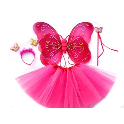 Afbeelding van Tante Tina Vlinder/feeënkostuum voor meisjes 4 delige set met vleugels, toverstaf, tiara en rok fuchsia glittersterren