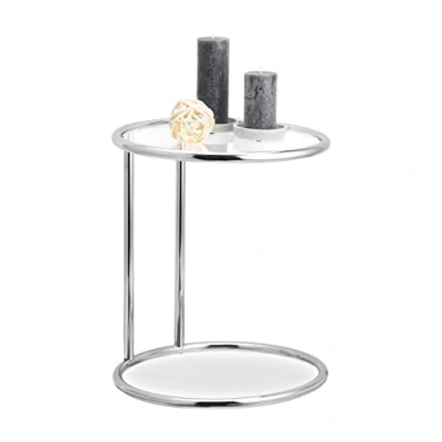 Afbeelding van Relaxdays bijzettafel rond, metalen frame, glazen tafel, voor in de woonkamer, ook decoratie, HxØ 53x45 cm, zilver