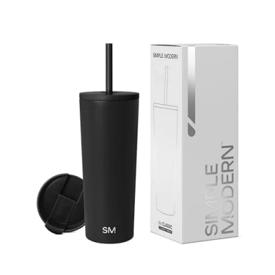 Afbeelding van Simple Modern 710mL (24oz) Classic Reismok Tumbler met 2 deksels: herbruikbaar rietje en klep kolf koffie bier geïsoleerde pint beker 18/8 roestvrij staal Middernacht Zwart