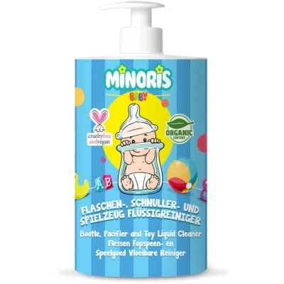 Afbeelding van Minoris Baby Flessen , Fopspenen &amp; Speelgoedreiniger Biologische, Natuurlijke Minerale Bestanddelen Hypoallergeen, Geurvrij, Verwijdert Melk en Formuleresten Borstkolfreiniger Vegan 500ml