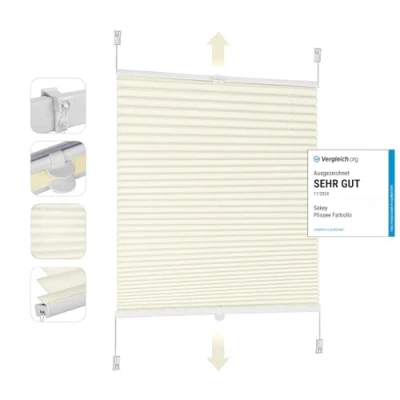 Afbeelding van Sekey Plisségordijn, klembevestiging zonder boren, 75 x 120 cm, vouwgordijn, jaloezie voor deuren en ramen, ondoorzichtig, inkijkbescherming, zonwering, kant klaar rolgordijn, cm breed, beige