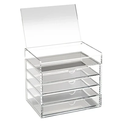 Afbeelding van OSCO Doorzichtige acryl kist met 5 laden en opklapdeksel Pin opslag sieraden Paperclips Kleurpotloden Korte pennen Klein briefpapier H17 x B19 D14 cm