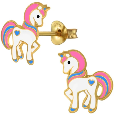 Afbeelding van JoyS Zilveren eenhoorn oorbellen 10 x 13 mm pony oorknoppen unicorn 14k goudplating