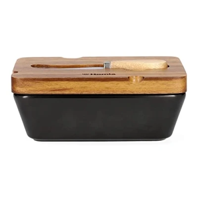 Afbeelding van HOMLA Mooka botervloot met een scheermes en porseleinen deksel acacia zwart 16x11 cm