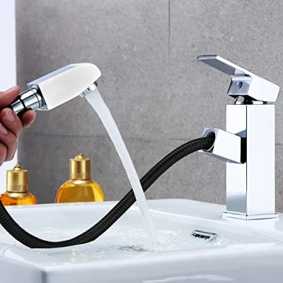 Afbeelding van uittrekbare roestvrijstalen waterkraan, eengreepsmengkraan voor koud en warm water, met 2 slangen meegeleverd, kraan wastafel douche, kranen badkamerwastafel,