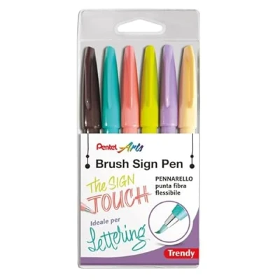 Afbeelding van Pentel SES15 Brush Sign Pen Fasermaler punt flexibele kleuren trendy 6 stuks