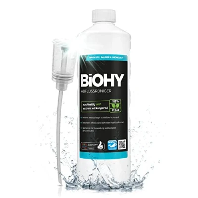 Afbeelding van BiOHY Afvoerreiniger (1 Liter Fles) + doseerder verwijdert moeiteloos haren Biologisch concentraat voor keuken &amp; badkamer alle hardnekkige verstoppingen en geuren (abflussreiniger)