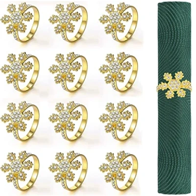 Afbeelding van KAHEIGN 12 stuks kerst servet ringen, gouden sneeuwvlok houders Xmas gesp met strass voor lunch Thanksgiving party vakantie bruiloft tafel decoratie (4,5 cm x 4,5 cm)