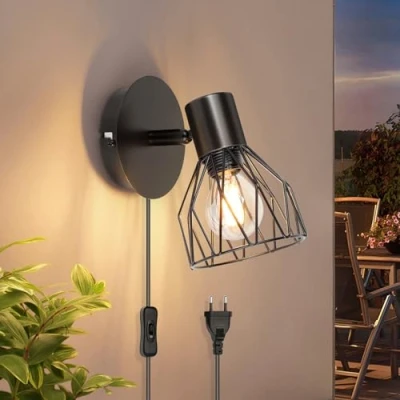 Afbeelding van Kimjo wandlamp met schakelaar en stekker, zwart stekker binnen zwenkbaar, E14 wandspot slaapkamer woonkamer