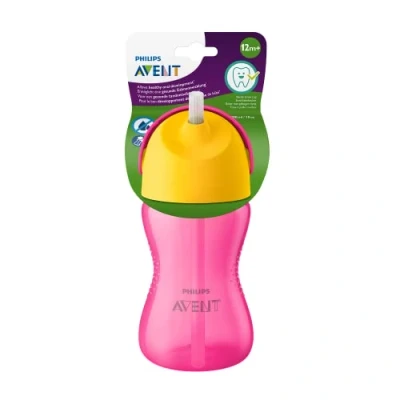Afbeelding van Philips Avent Rietjesbeker 300 ml Afsluitventiel en klikdeksel Gebogen rietje om gemakkelijk te drinken 12m+ Roze met orange SCF798/02