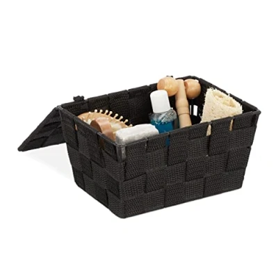 Afbeelding van Relaxdays opbergmand met deksel, kunststof, mandje voor badkamer, make up, 1,8 l, HxBxD: ca. 10,5 x 19,5 14,5 cm, zwart