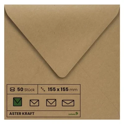 Afbeelding van Netuno 50 vierkante kraftpapier enveloppen 155x155mm 100g Aster Kraft zonder venster retro gerecyclede natuurlijk vintage bruin voor verjaardagskaarten bruiloft
