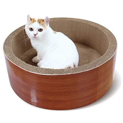 Afbeelding van ScratchMe Kattenkrabpaal loungebed, ronde vorm kattenkrabber kartonnen bordpads met kattenkruid, duurzaam recyclekussen speelgoed voorkomt beschadiging van meubels, bruin