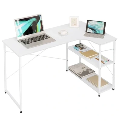 Afbeelding van WOLTU Hoekbureau, L vormig bureau met 2 planken, bureautafel, computertafel, pc tafel, hoektafel, groot voor kantoor, thuiskantoor, gaming, industrieel design, 120 x 71,5 74 cm, wit