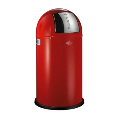 Afbeelding van WESCO Pushboy vuilnisemmer in de kleur rood, gepoedercoat plaatstaal, 50 liter volume, grote roestvrijstalen klep, uitneembare binnenbak