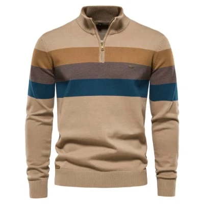 Afbeelding van OHXSM Mannen Half Zip Jumper Fleece Gevoerde Gebreide Coltrui Trui Warme Lange Mouw Stand Kraag Heren Mouwen Halve Warm Up Sweatshirt voor Winter, A kaki, XL
