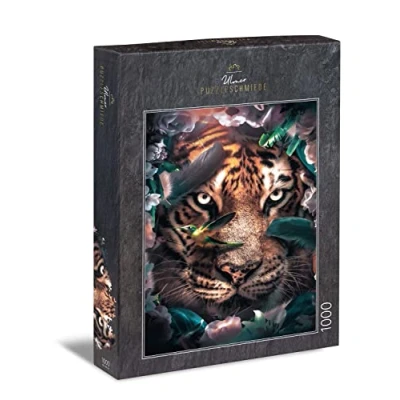 Afbeelding van Ulmer Puzzleschmiede puzzel &quot;Hoofdlingssieraden&quot; Speciale tijgerpuzzel met 1000 delen Majestueus portret van de tijger, versierd groene veren geraffineerde voor volwassenen