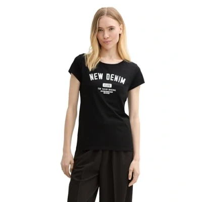 Afbeelding van TOM Tailor Denim SLIM Sporty Printed TEE Tshirt print, Dames, Maat: Large, Deep black