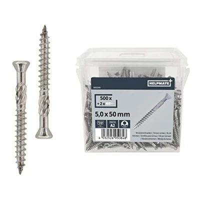 Afbeelding van HELPMATE Terrasschroeven 5,0 x 50 mm, 500 stuk plankschroeven + 2 T25 Bits T Star Plus, roestvrijstalen cut punt torx schroeven A2 voor terrasbouw, freesribben, verzonken kop