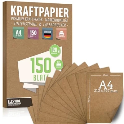 Afbeelding van 150 vellen kraftpapier A4 set 120 g 21 x 29,7 cm DIN formaat knutselpapier &amp; natuurkarton kartonnen kraftkarton om af te drukken, papierknutsels huwelijksgeschenk en etiketten