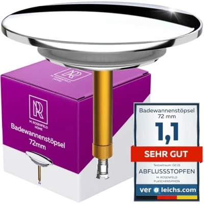 Afbeelding van M. ROSENFELD HOME Badstop universeel Ø 72 premium badplug chroom van messing met dubbele afdichting roestvrij sluiting badkameraccessoires
