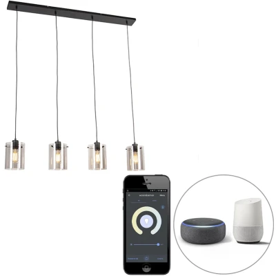 Afbeelding van QAZQA Smart hanglamp zwart met smoke glas incl. 4 Wifi ST64 Dome