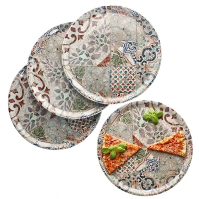 Afbeelding van MamboCat Set van 4 pizzaborden Alcazar I Ø 33 cm voor personen grote porselein met mediterrane tegellook pizza&#039;s of om op te zetten XL platte borden, serveerplaat