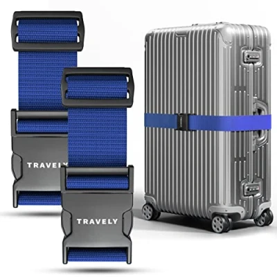 Afbeelding van Travely® Hoogwaardige kofferriem, bijzonder opvallend en veilig, inclusief 2 naamkaartjes, bagageband ideaal kruislings, delige set, marineblauw