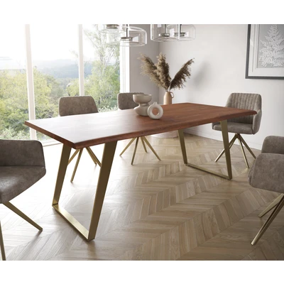 Afbeelding van Eetkamertafel Edge acacia bruin 200x100 roestvrij staal Gold schuin Live