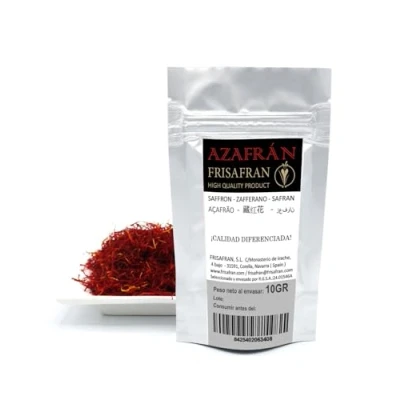 Afbeelding van FRISAFRAN Saffraandraadjes 10g Saffraandraden Spaanse saffraan in draadjes voor paella Een halve gram Pure smaak &amp; pracht van kleur Handgeplukte