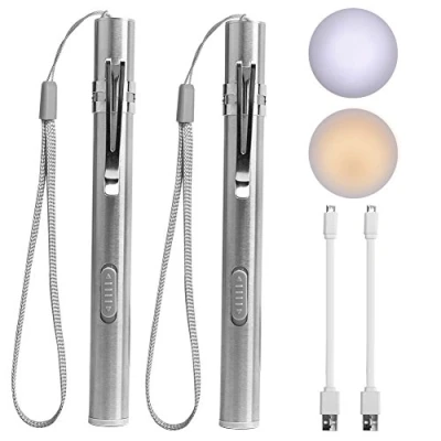 Afbeelding van Set van 2 Lichtpen, Medisch Licht Verpleegkundige Pen USB Oplaadbare LED Zaklamp Roestvrij Staal Met Clip Zakje en Trekkoord voor Artsen Studenten