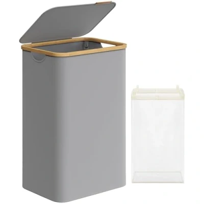 Afbeelding van SONGMICS Wasmand met deksel, 90 l wasmand, verwijderbare waszak, Oxford stof, bamboe handgrepen, opvouwbaar, 42 x 32 70,5 cm, duifgrijs LCB509G01