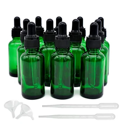 Afbeelding van INHEMING 12 stuks groene druppelflessen van glas, 30 ml, glazen flessen met pipetten, voor laboratorium, etherische oliën, aromatherapie, trechter + pipetten