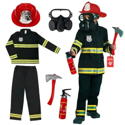 Afbeelding van Morph Brandweerman kostuum voor kinderen met brandweerman, accessoires, zwart, carnavalskostuum, kinderen, maat S