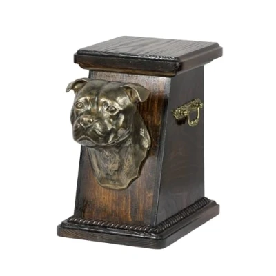 Afbeelding van Art Dog Custom Memorial Urn Handgemaakte Box Koudgegoten bronzen hondenkop op berkenbasis 19cmx32cmx30cm Staffordshireterriër