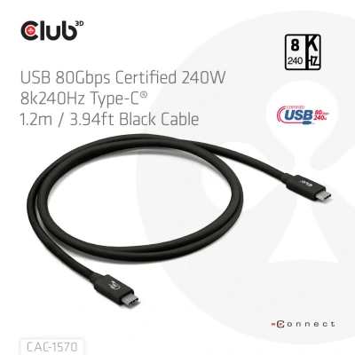 Afbeelding van Club 3D USB C 80Gbps Certified 240W 8k 240Hz kabel 1.2m