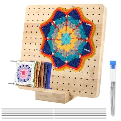 Afbeelding van Vergrendelplank voor Granny Square, blokbord 19,5 x cm, houten blokkeerplanken met 10 roestvrijstalen staafpennen en 5 naalden, snijplank haken om kleine brei of haakstukken te spannen