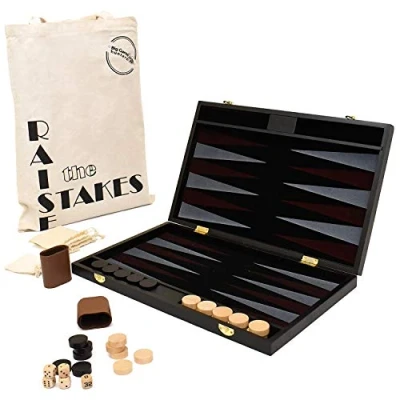 Afbeelding van Big Game Hunters Backgammon Set met draagbare opvouwbare houten plank en katoenen draagtas reistas