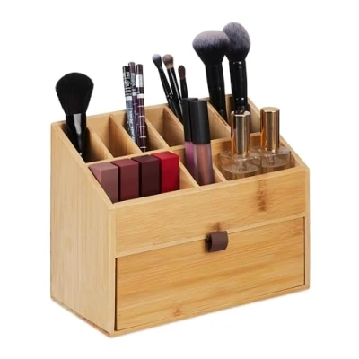 Afbeelding van Relaxdays make up organizer bamboe bureau met lade kwastenhouder kaptafel