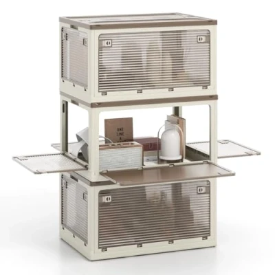 Afbeelding van COSTWAY Set van 3 opvouwbare opbergdozen, 98 l x stapelboxen, opbergcontainers, kunststof doos met deksel, wielen en 5 deuren, rolboxen voor thuis, op kantoor de camping, wit
