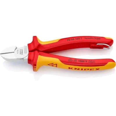 Afbeelding van Knipex Zijsnijtang verchroomd, geïsoleerd VDE gekeurd, met geïntegreerde geïsoleerde bevestigingshaak om een valbeveiliging aan te brengen 160 mm (zelfbedieningskaart/blister) 70 06 T BK
